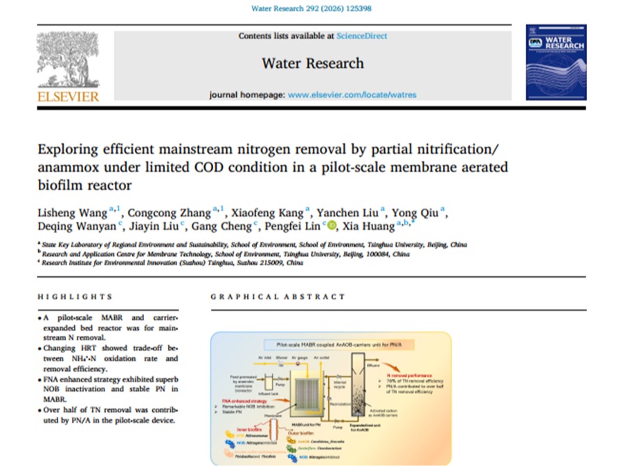 热点文章 | 黄霞团队WR：中试规模 MABR 中实现低碳源条件下短程硝化/厌氧氨氧化主流脱氮